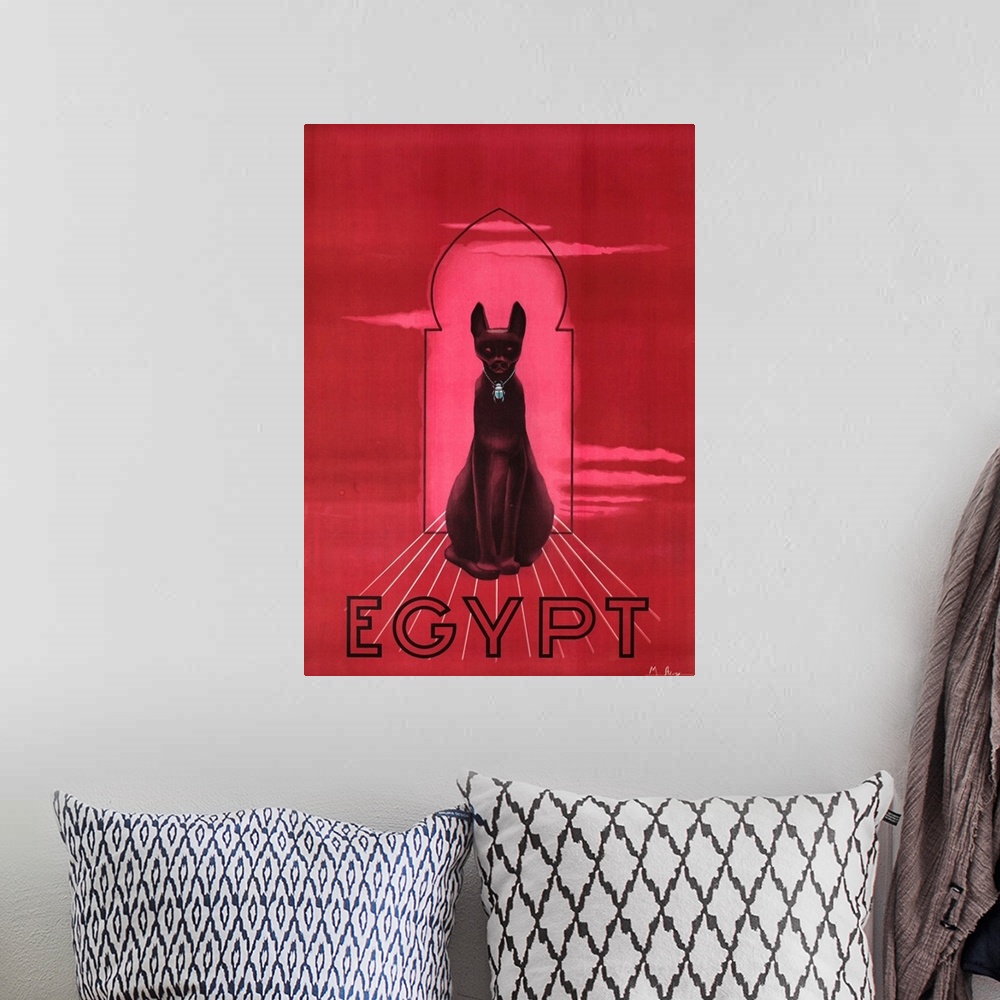 A bohemian room featuring ca 1950s Egypt Travel Board Advertising Poster, Illustrated by M Azmy. Showing an black Egyptian ...