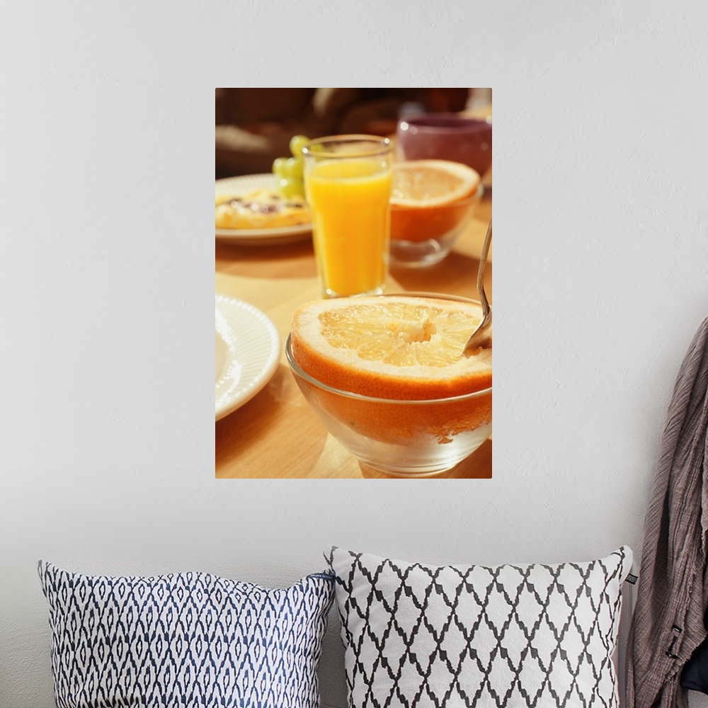 A bohemian room featuring Food and drink on breakfast table, elevated view, close-up