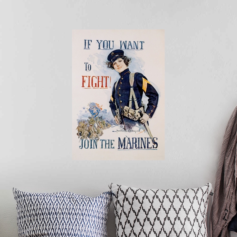 A bohemian room featuring If You Want To Fight, Join The Marines Poster By Howard Chandler Christy