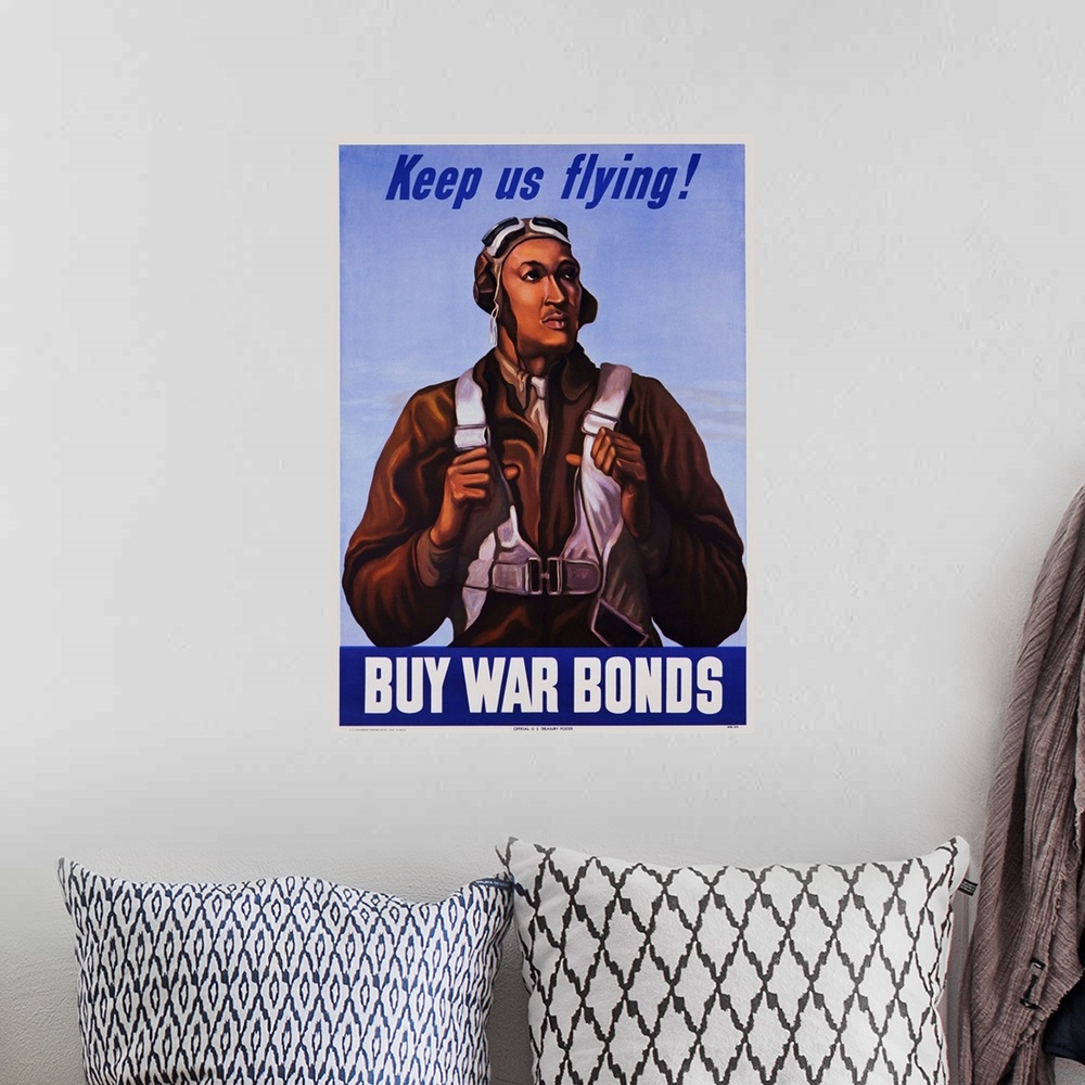 A bohemian room featuring Keep Us Flying, Buy War Bonds Tuskeegee Airmen Poster