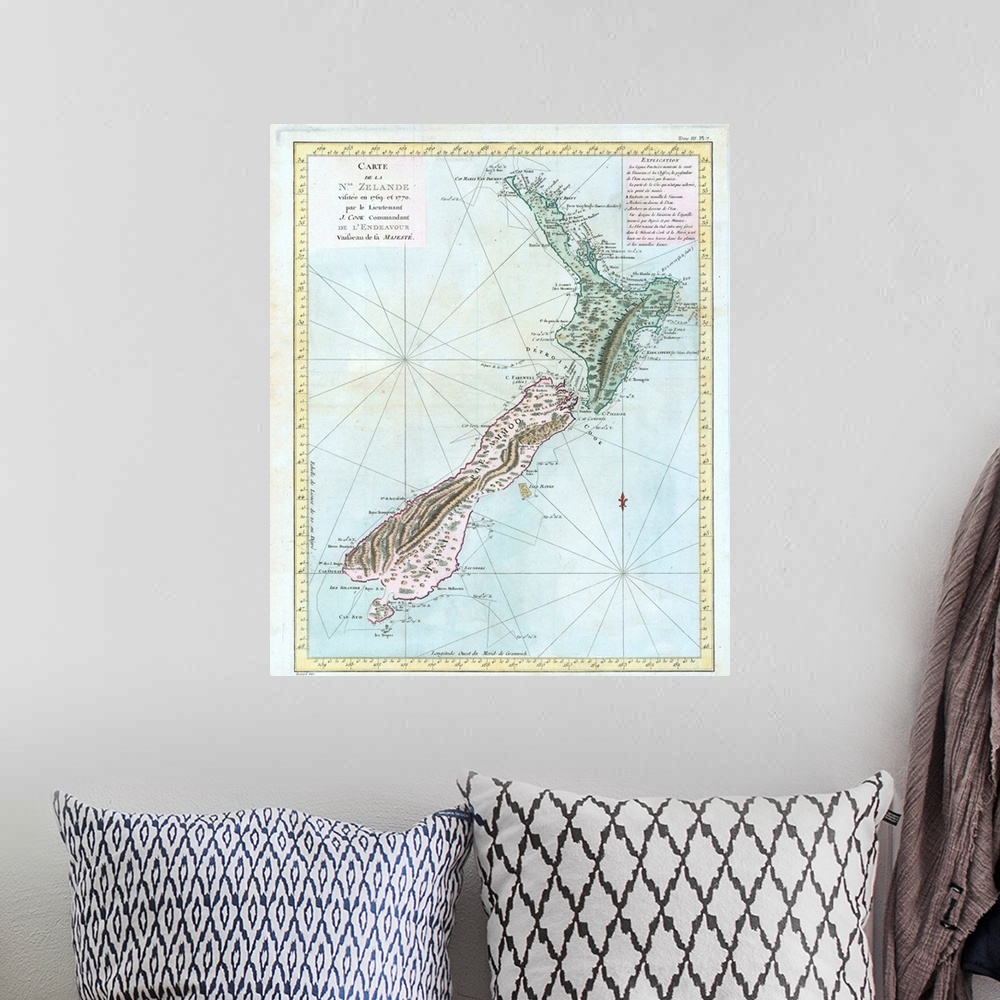 A bohemian room featuring French copy of Cook's first map of New Zealand, showing the route of the Endeavour around the isl...