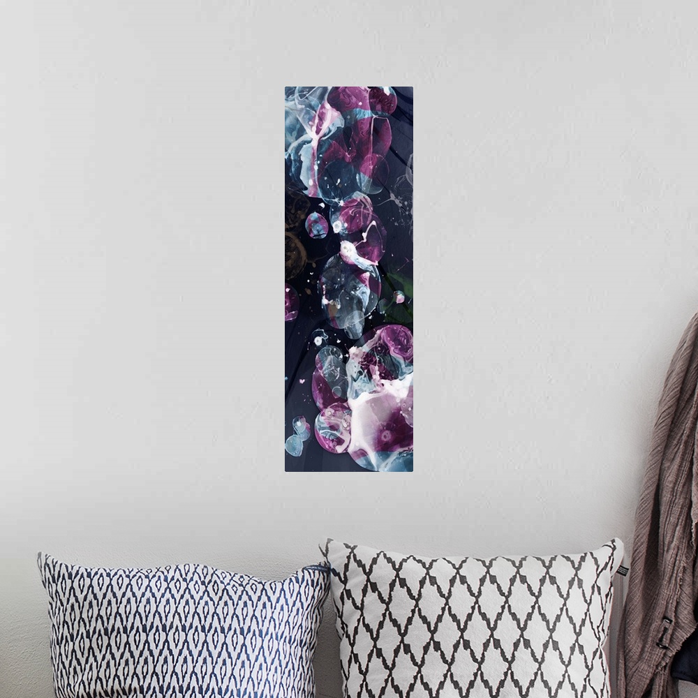 A bohemian room featuring A contemporary abstract painting of bubble clusters in dark colors and swirling textures.