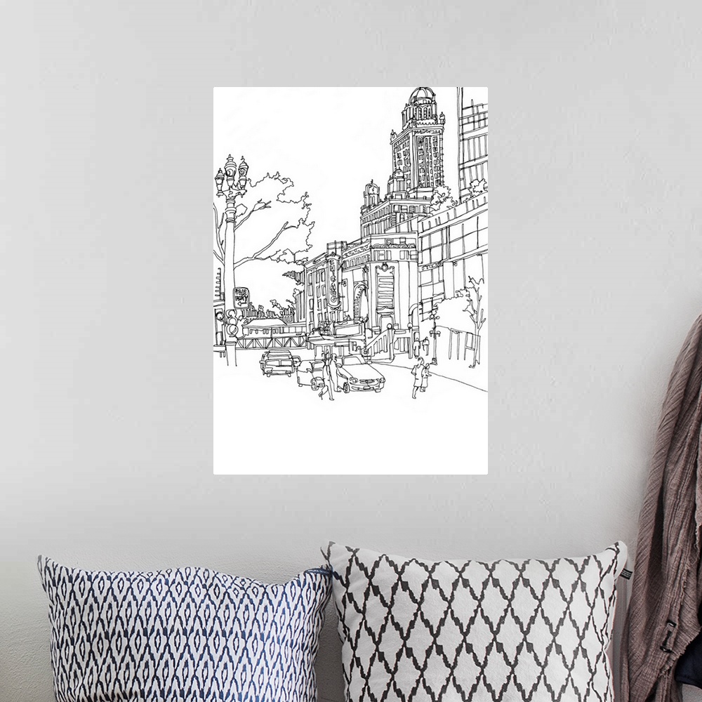 A bohemian room featuring Black and white cityscape illustration of downtown Chicago.