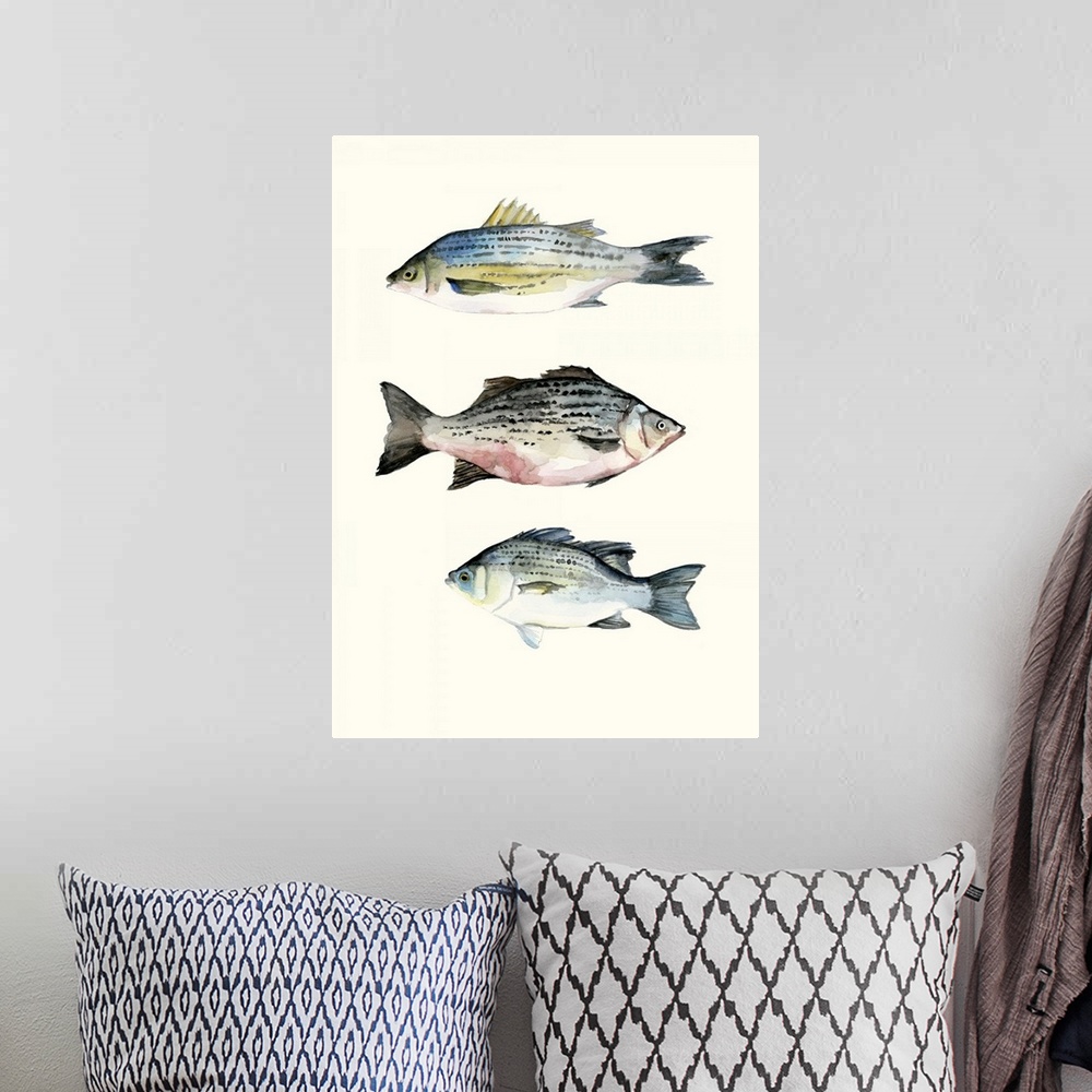 A bohemian room featuring Contemporary watercolor painting of three fish on an off white background.