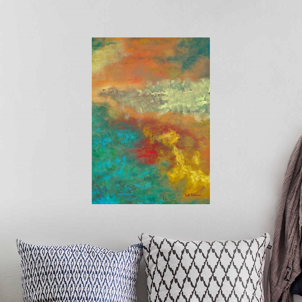 A bohemian room featuring Abstract painting created with bright blue, green, orange, red, yellow, and gold hues representin...