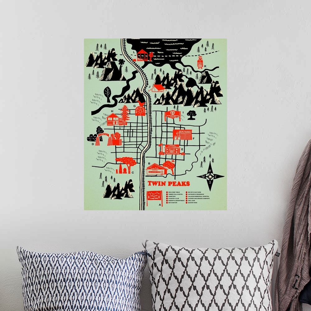 A bohemian room featuring Illustrated map of fictional location Twin Peaks.