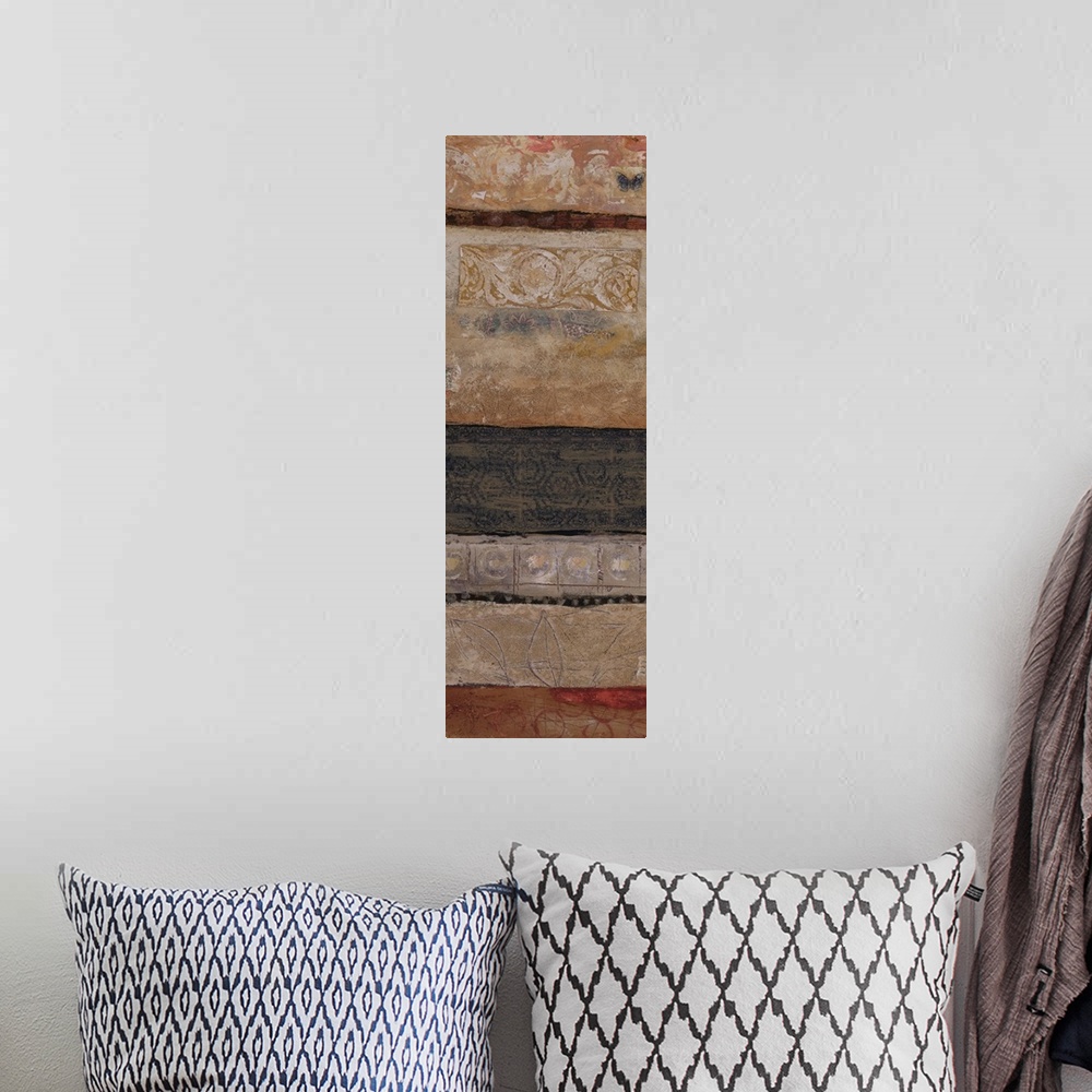 A bohemian room featuring Contemporary artwork of a vertical abstract with layers of color.