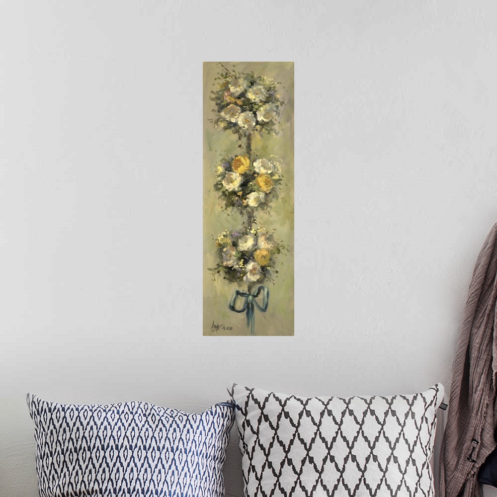 A bohemian room featuring Fine art oil painting still life of a lovely topiary of yellow and white roses tied with a teal r...