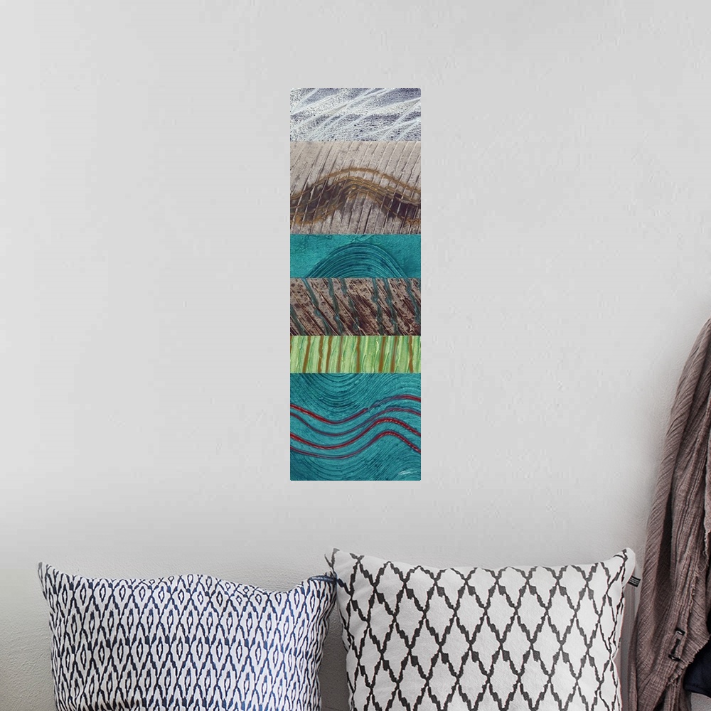 A bohemian room featuring Waving lines collaged together on painted sections.
