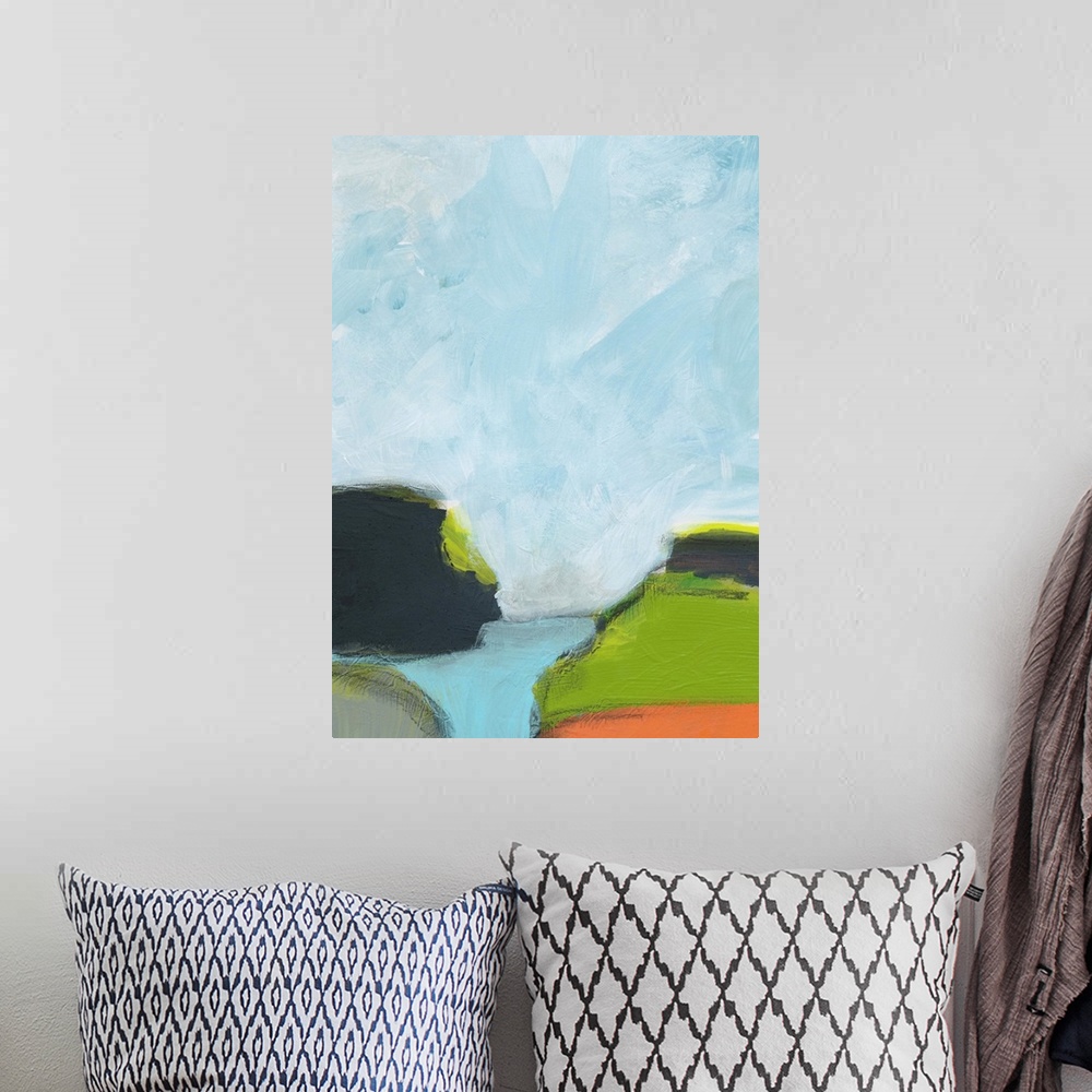 A bohemian room featuring Abstract landscape painting in cool shades of blue, green, and orange.