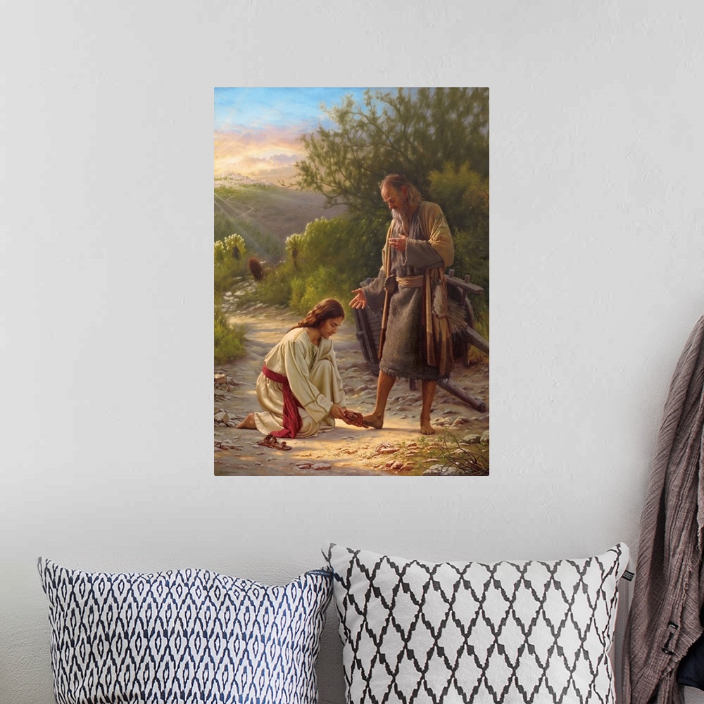 A bohemian room featuring Religious art of Jesus helping  a man put on his shoes with a sunset in the background.