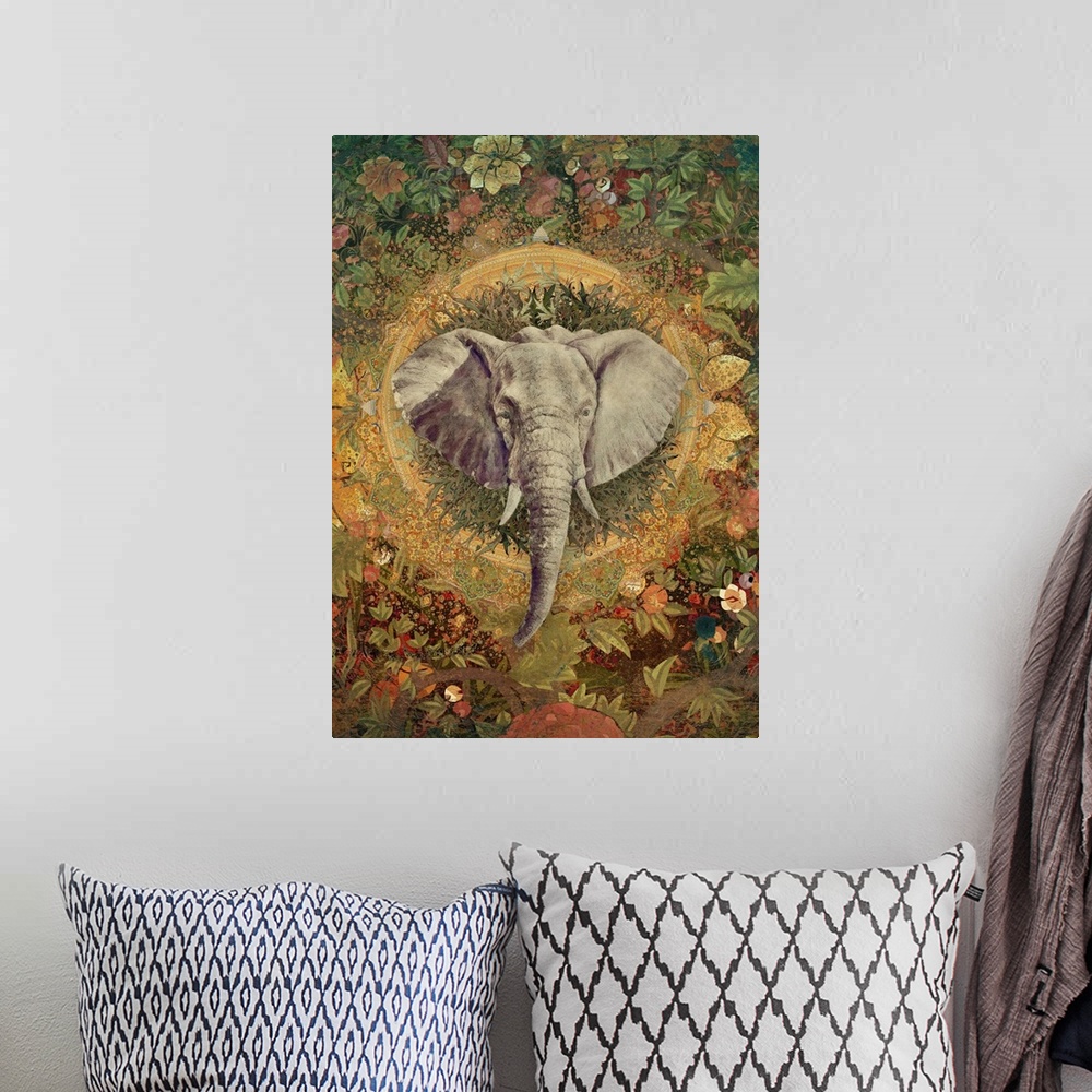 A bohemian room featuring Elephant head with flowered and ornate background