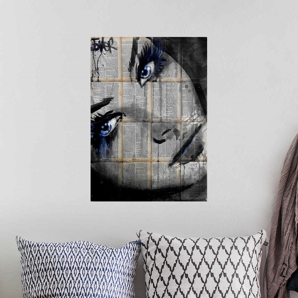 A bohemian room featuring Contemporary urban artwork of a close-up of a woman's face with deep blue eyes against a backgrou...