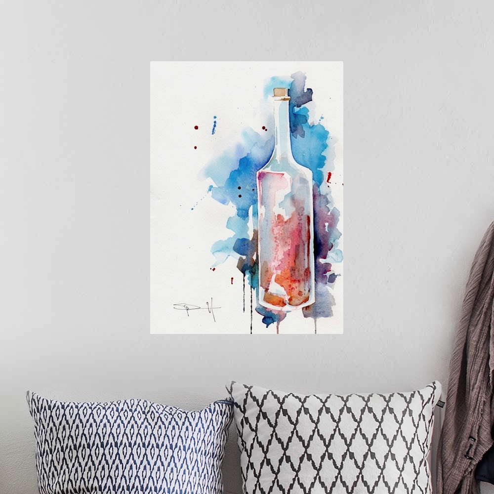 A bohemian room featuring Watercolor painting of a tall glass bottle.