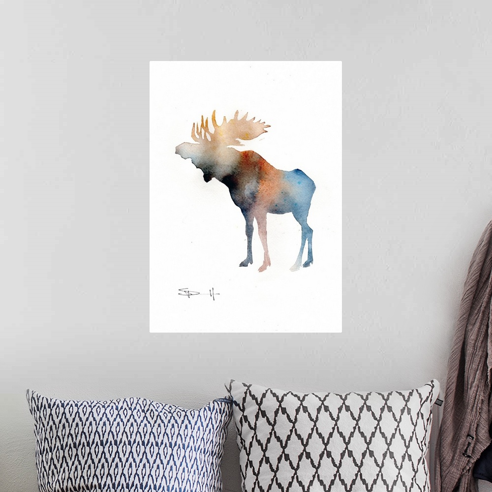 A bohemian room featuring Watercolor silhouette of a moose.