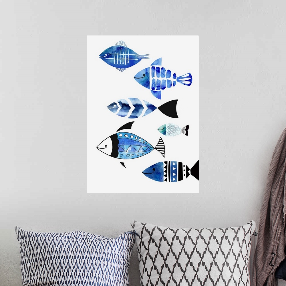 A bohemian room featuring A modern watercolor design of a group of fish in different patterned colors of blue and green.