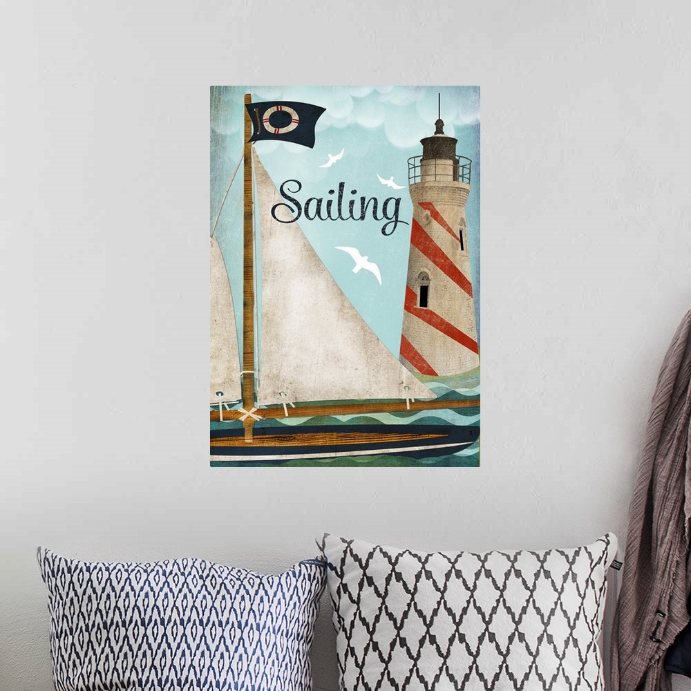 A bohemian room featuring Illustration of a sailboat on the water near a striped lighthouse.