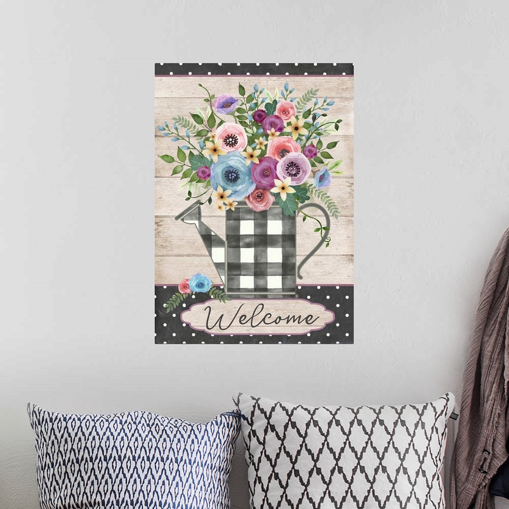 A bohemian room featuring Plaid Watering Can With Flowers