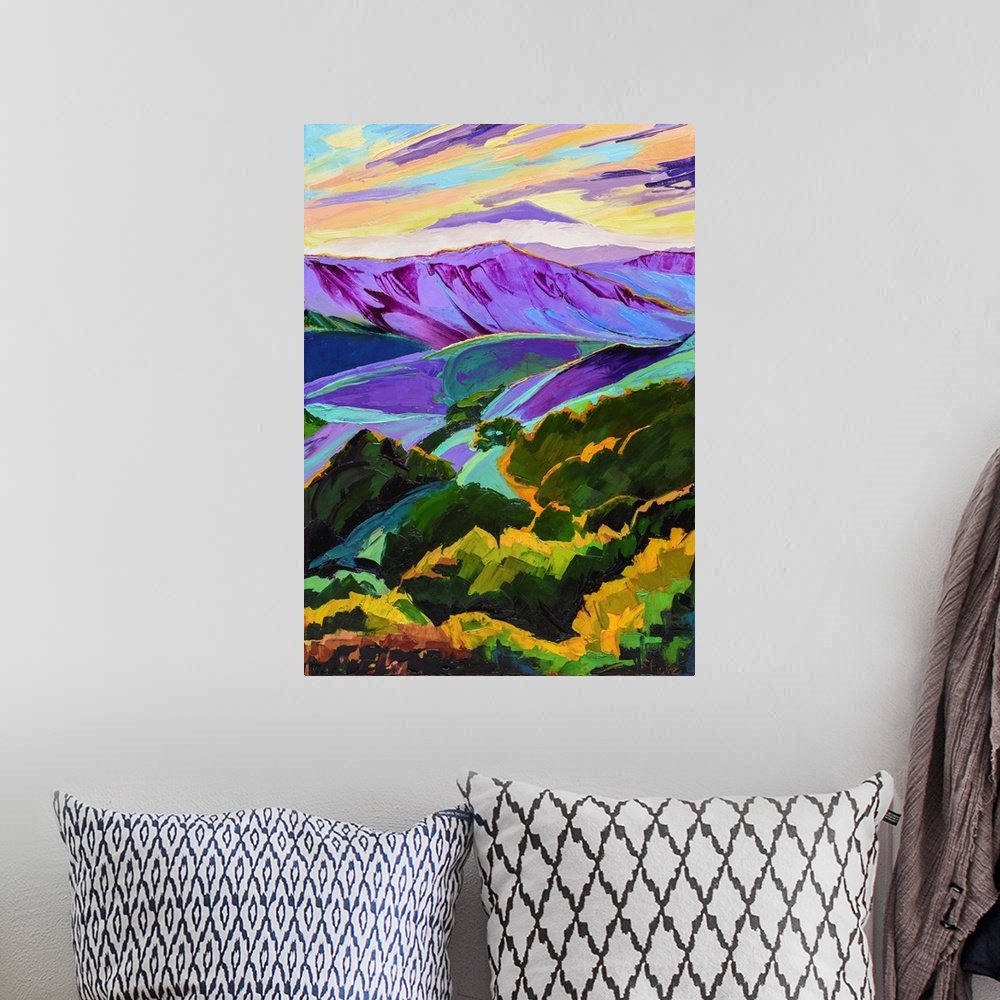 A bohemian room featuring Purple and green mountains with valleys and forests.
