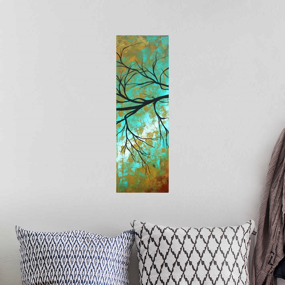A bohemian room featuring Vertical panoramic painting of silhouetted tree branches with abstract background.
