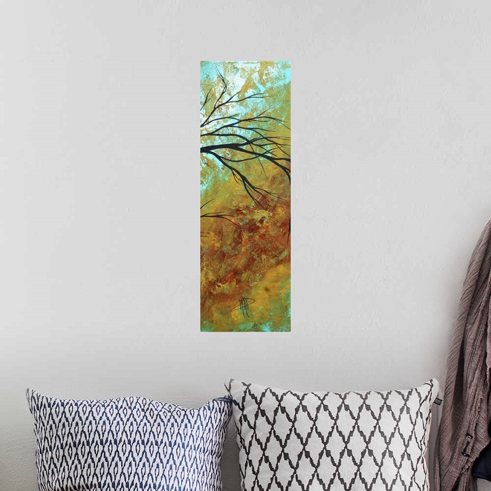 A bohemian room featuring Vertical contemporary painting on a large canvas of thin tree branches bending slightly downward,...