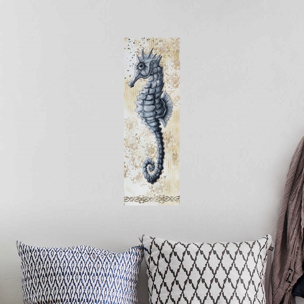 A bohemian room featuring Vertical painting of a seahorse on a floral background.