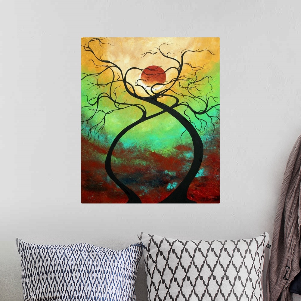 A bohemian room featuring Contemporay abstract painting of curving tree trunks and branches against a bright sky.
