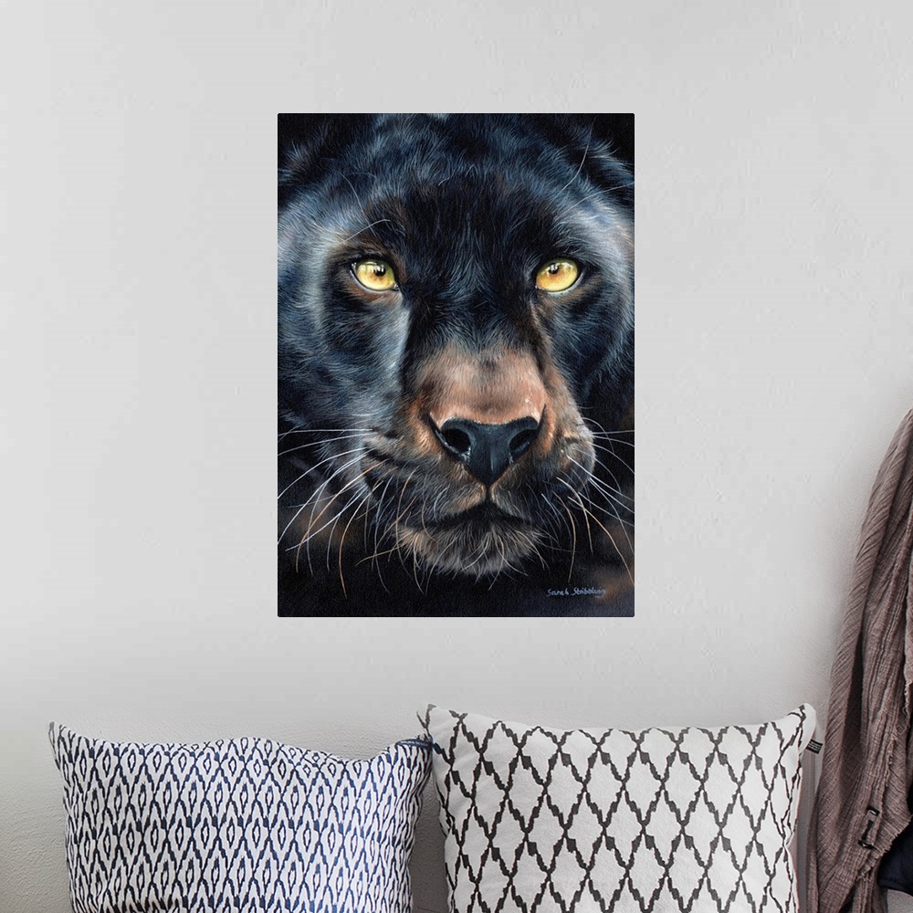 A bohemian room featuring Oil painting on canvas of a Black panther.