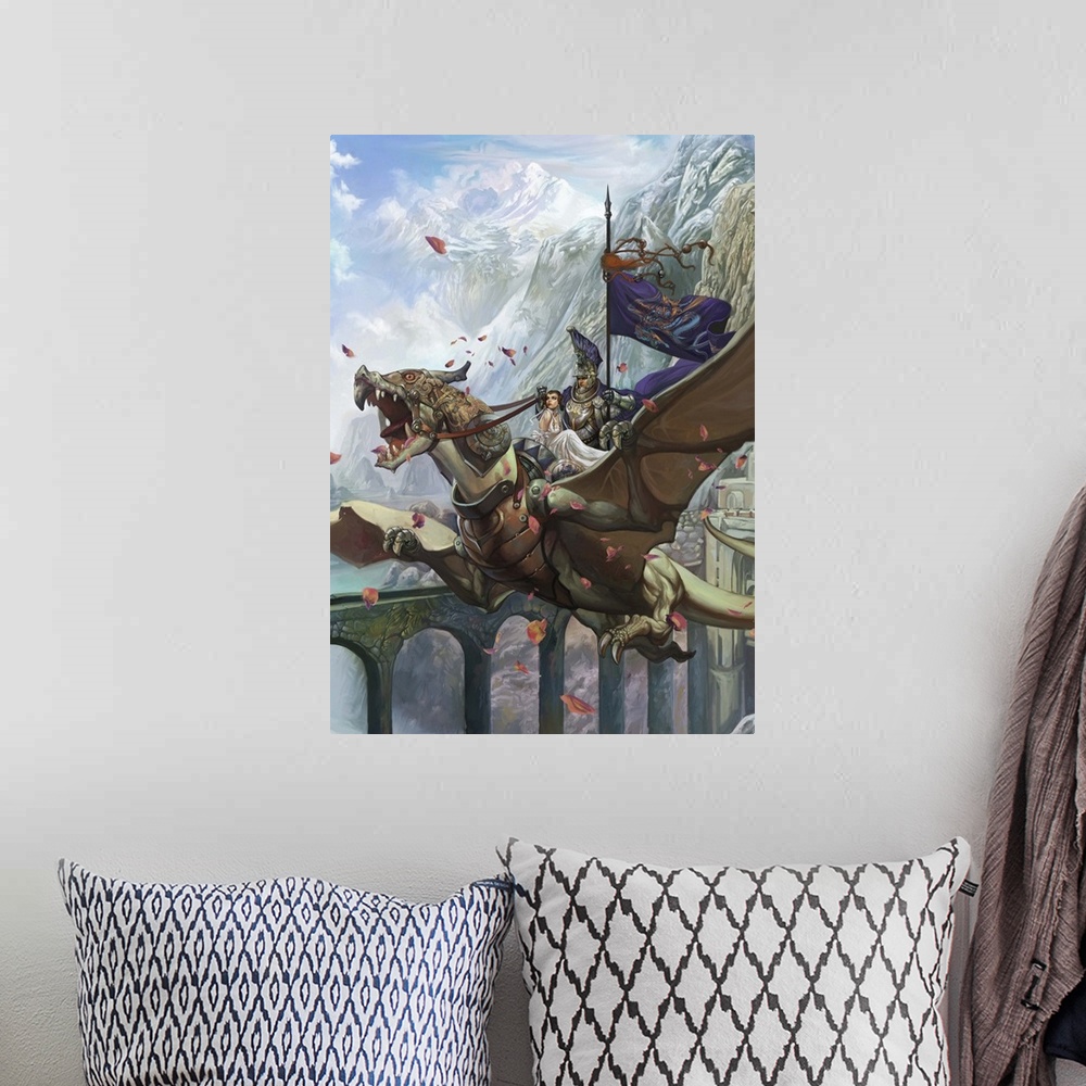 A bohemian room featuring Contemporary science fiction artwork of a man and woman riding a flying beast in a mountainous va...
