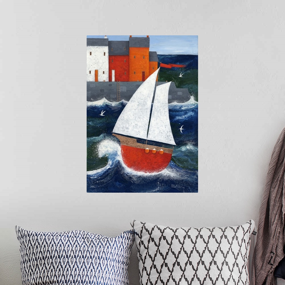 A bohemian room featuring Contemporary painting of a red sailboat on rough seas close to shore at a harbor town.