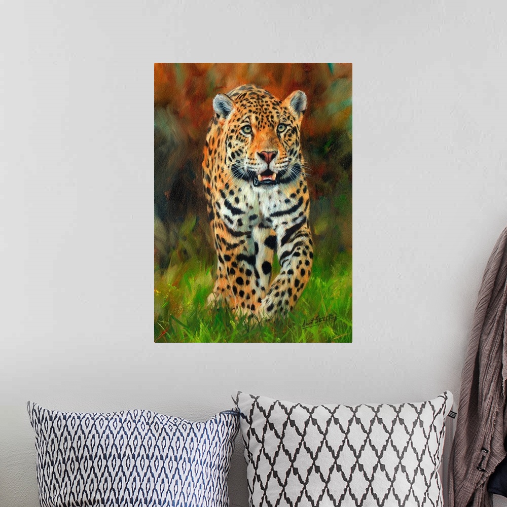 A bohemian room featuring Contemporary painting of a jaguar walking across lush green grass.