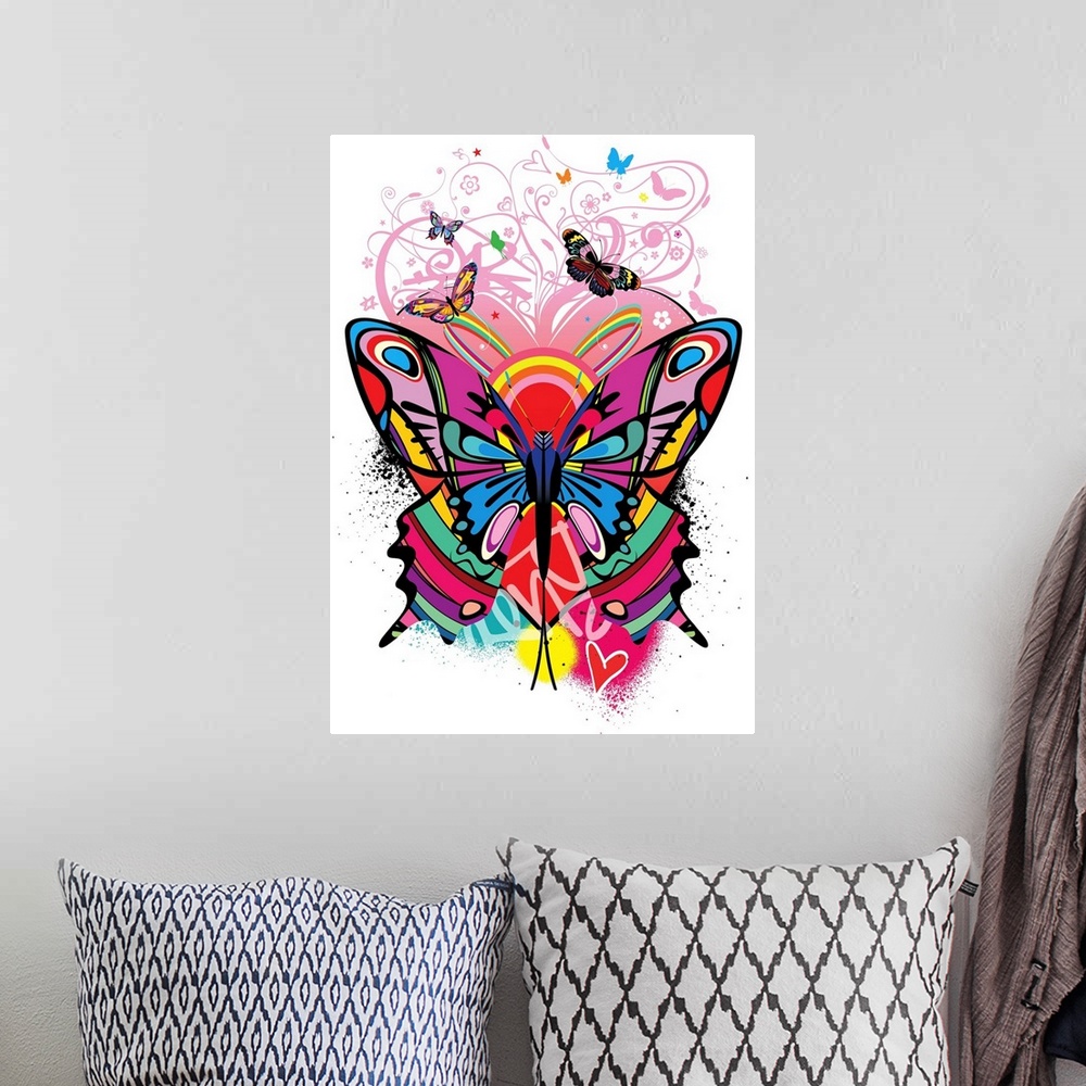 A bohemian room featuring abstract, bright, butterfly