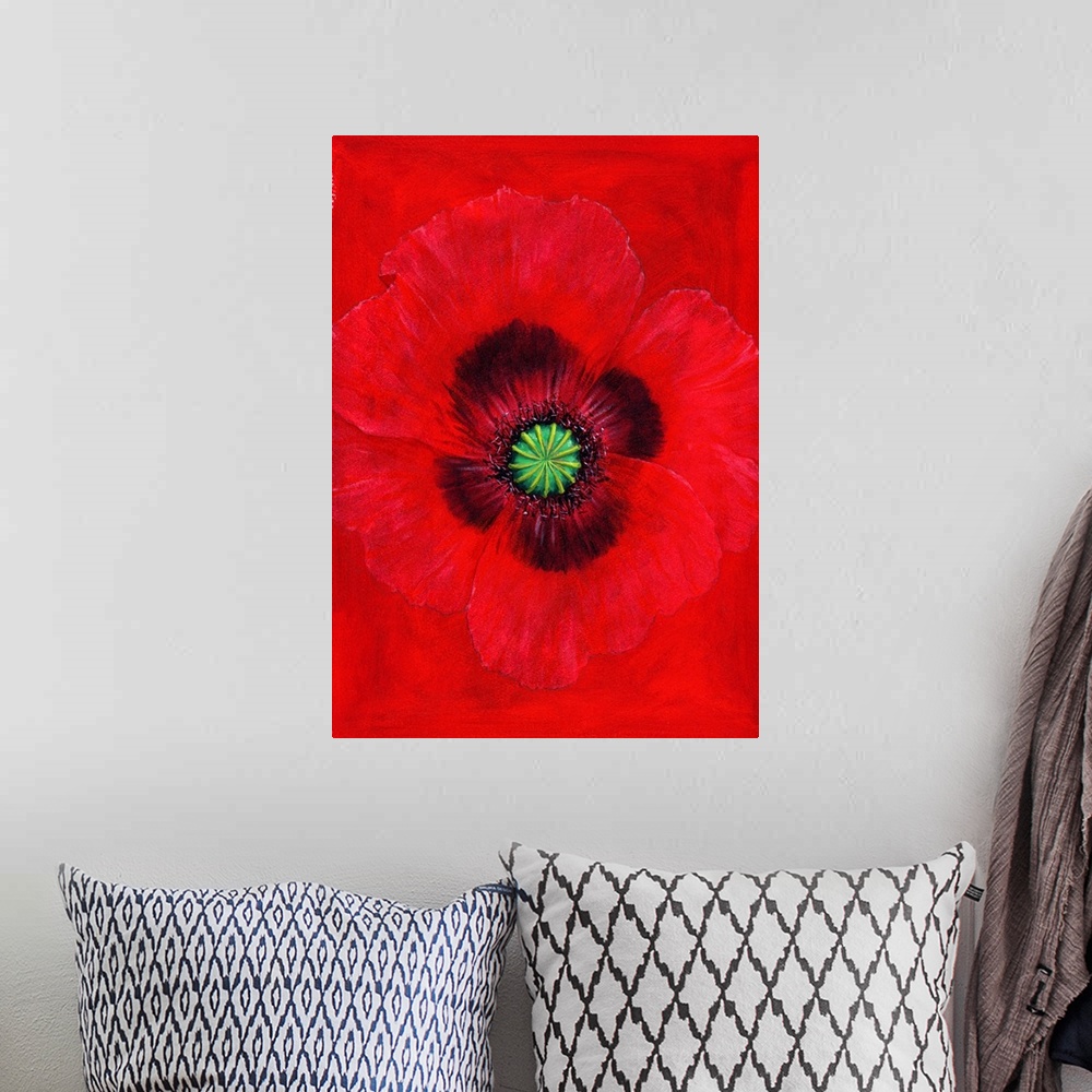 A bohemian room featuring Contemporary painting of a red flower against a red background.