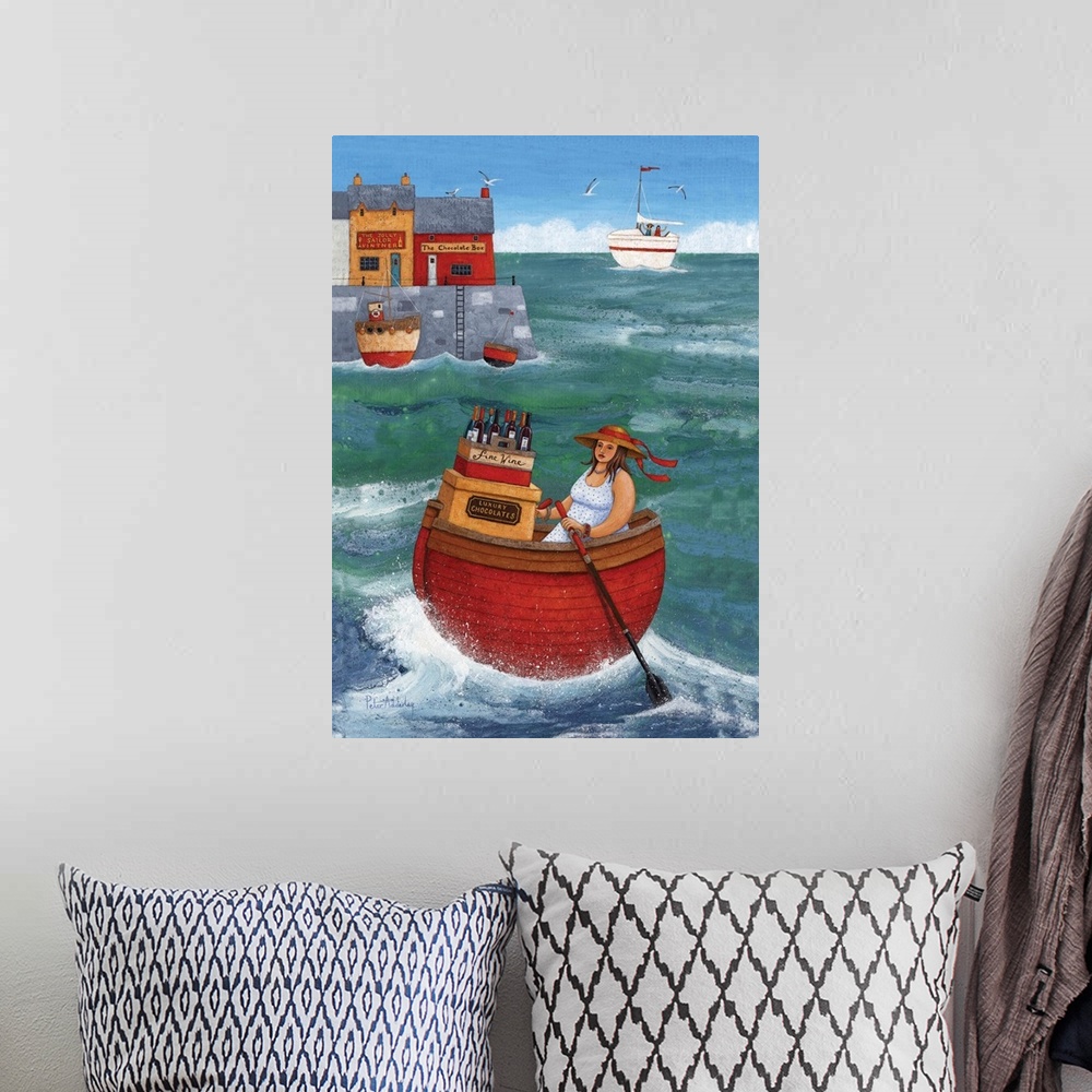 A bohemian room featuring Contemporary nautical artwork of a woman wearing a hat rowing a red boat in the ocean carrying wine.