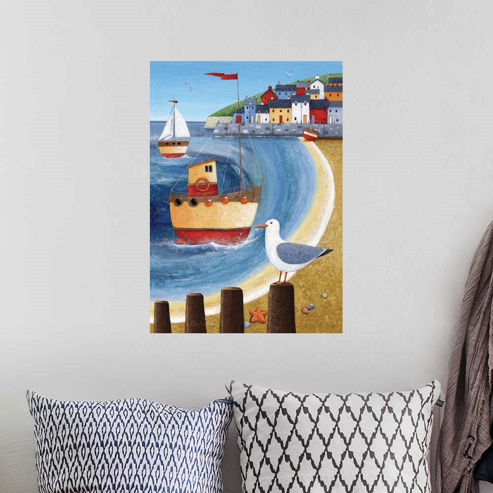 A bohemian room featuring Nautical themed painting of a harbor town with boats off shore.