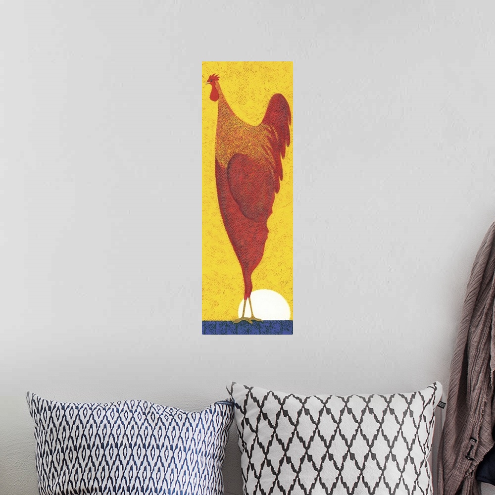 A bohemian room featuring Contemporary painting of a tall red chicken standing on a blue surface against a bright yellow sk...