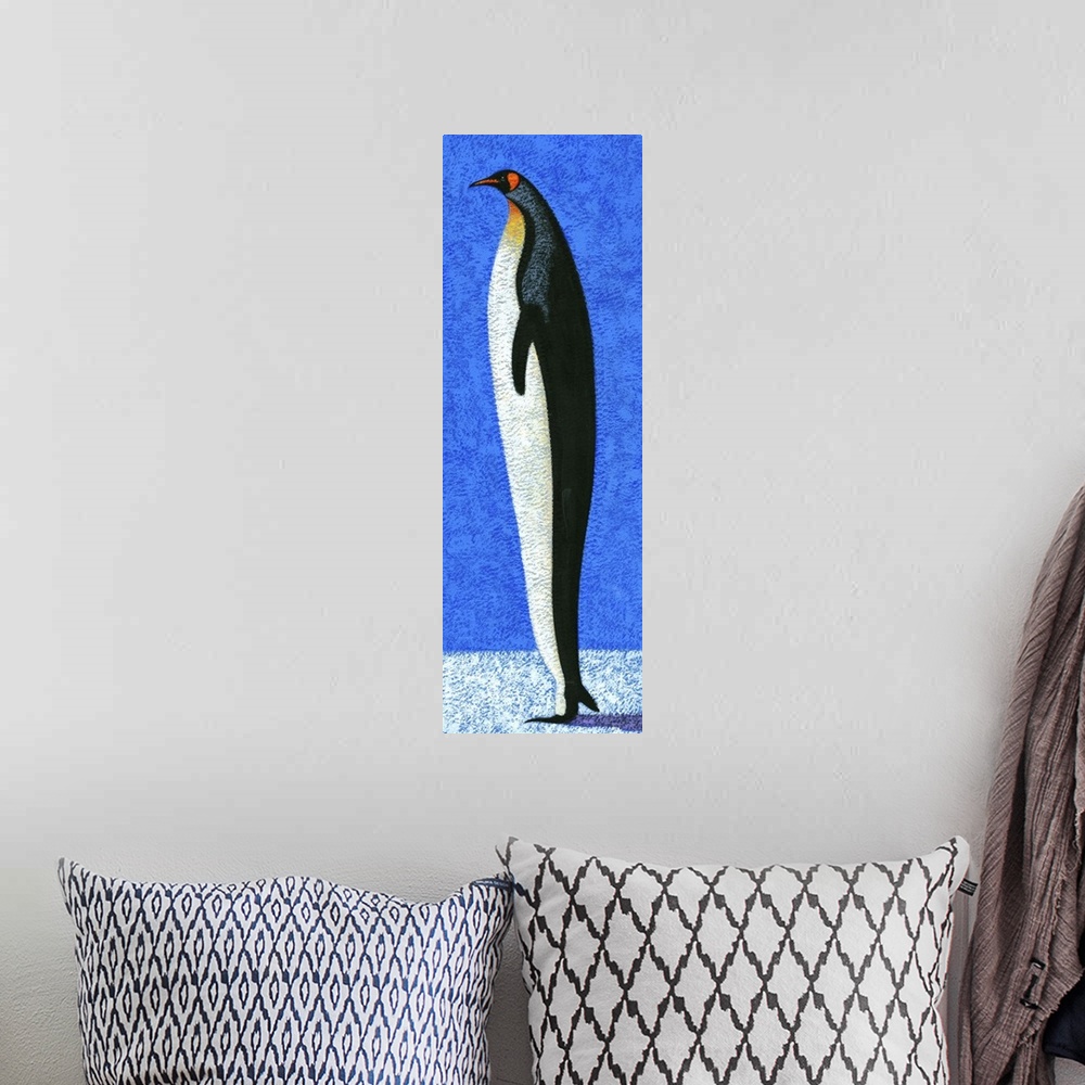 A bohemian room featuring Contemporary painting of a tall penguin standing on a white surface against a blue background.