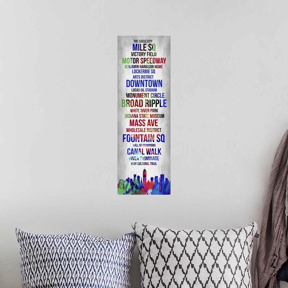 A bohemian room featuring Contemporary watercolor bus roll art incorporating the Indianapolis city skyline.