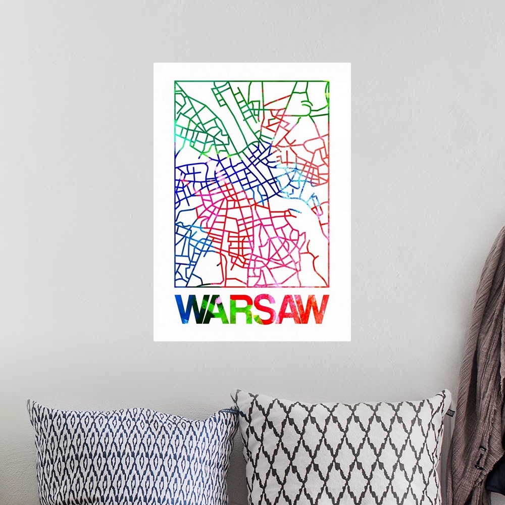 A bohemian room featuring Colorful map of the streets of Warsaw, Poland.