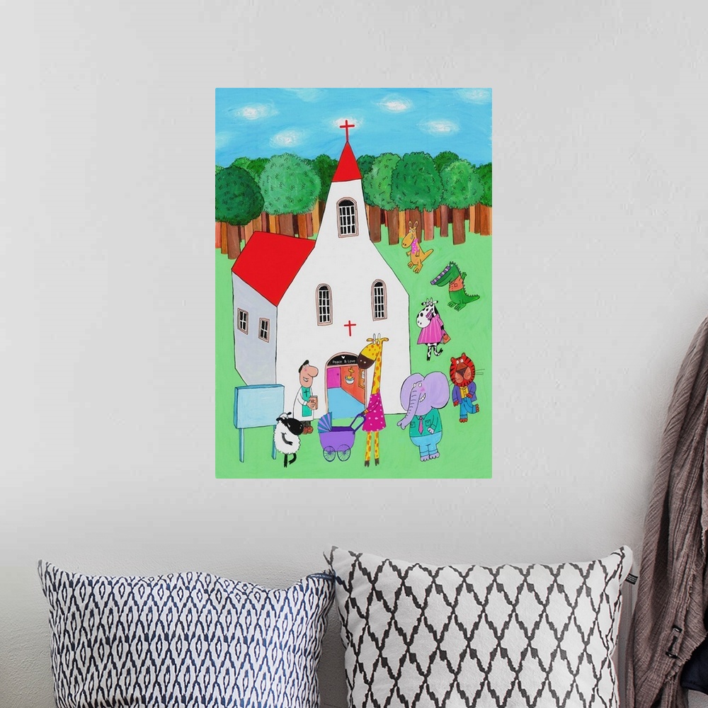 A bohemian room featuring White church wall art by illustrator Carla Daly.