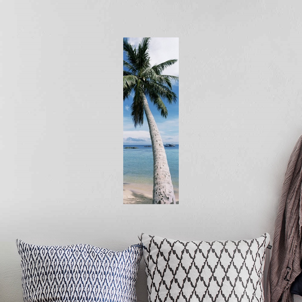 A bohemian room featuring A vertical, panoramic shaped canvas of a single tree in front of a tropical ocean and anchored boat.