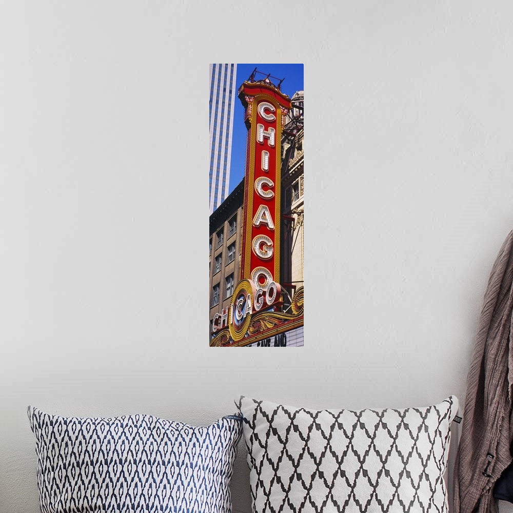 A bohemian room featuring Large vertical panoramic photograph of a movie theater sign in Chicago, Illinois (IL).