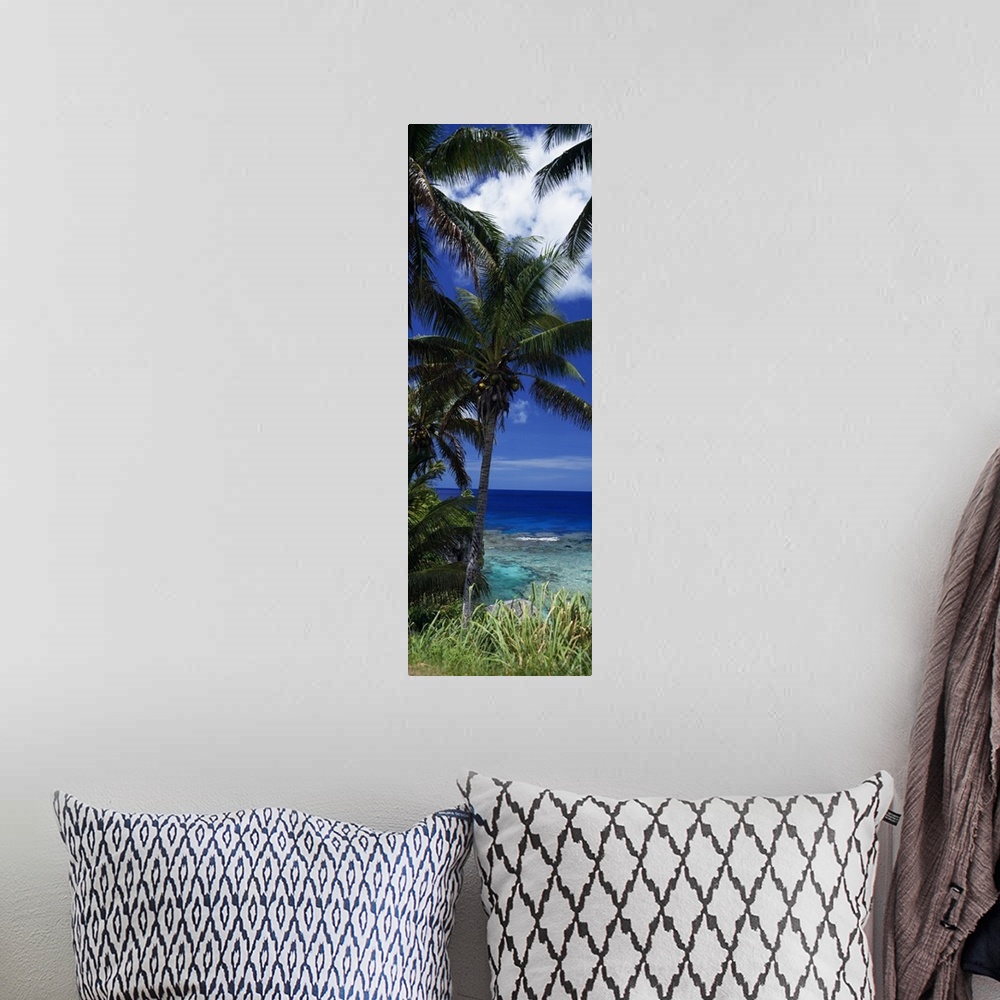 A bohemian room featuring Vertical panoramic photograph taken of a palm tree with a view of inviting water just below.
