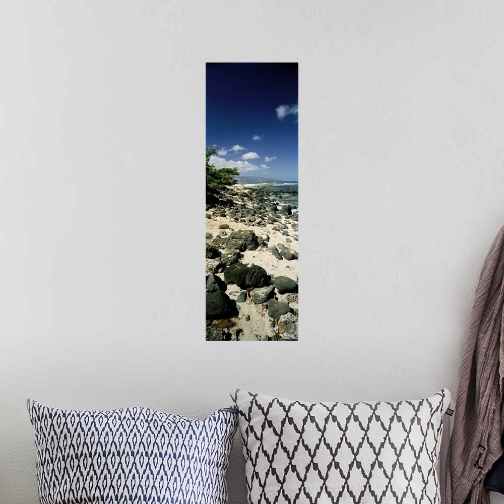 A bohemian room featuring Oversized vertical photograph of a sandy shore covered in rocks in Leftovers Beach Park, with a d...