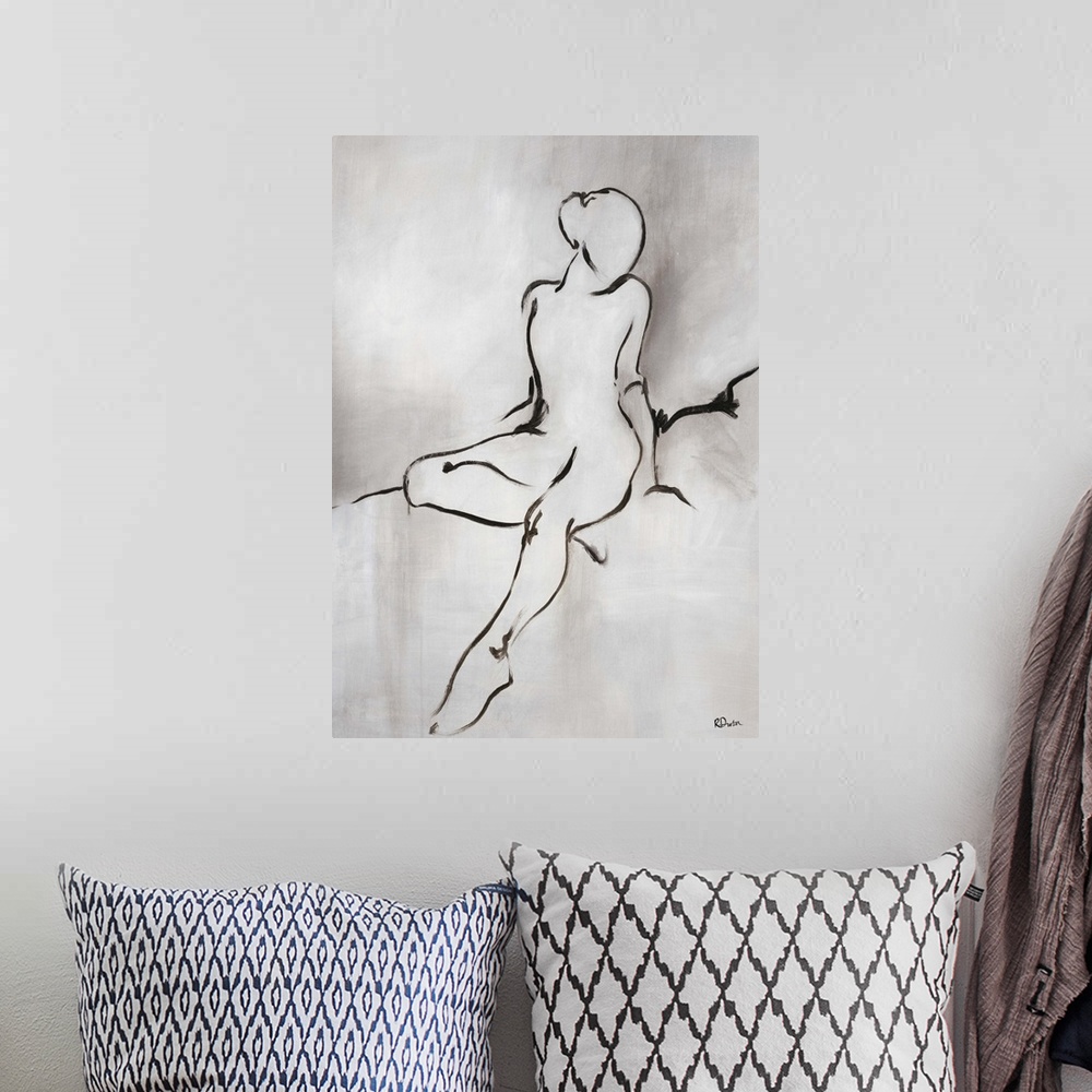 A bohemian room featuring Figurative art in neutral tones of the outline of a woman sitting on a soft surface with one leg ...