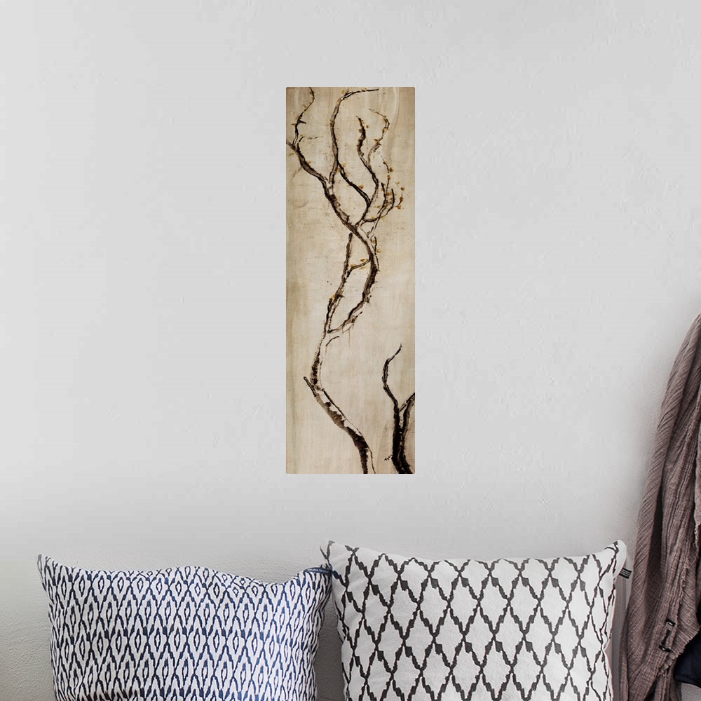 A bohemian room featuring Contemporary vertical art piece of a bare tree branch sticking up on a neutral background.