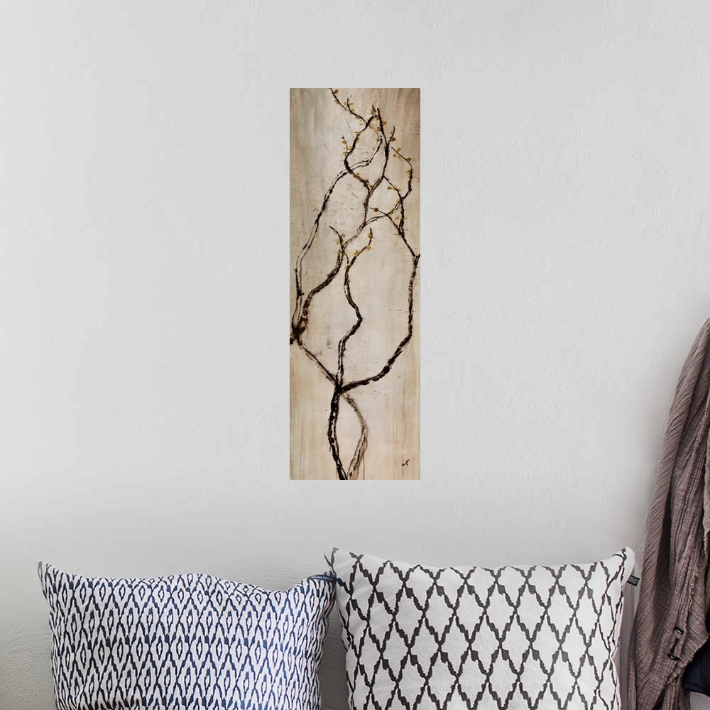 A bohemian room featuring Vertical Panoramic painting of long, thin, and curved tree branches flowing upward.  There are ti...