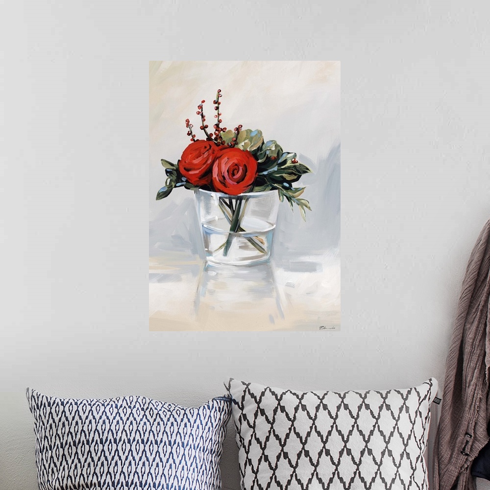A bohemian room featuring Contemporary artwork of red roses in a clear glass vase.