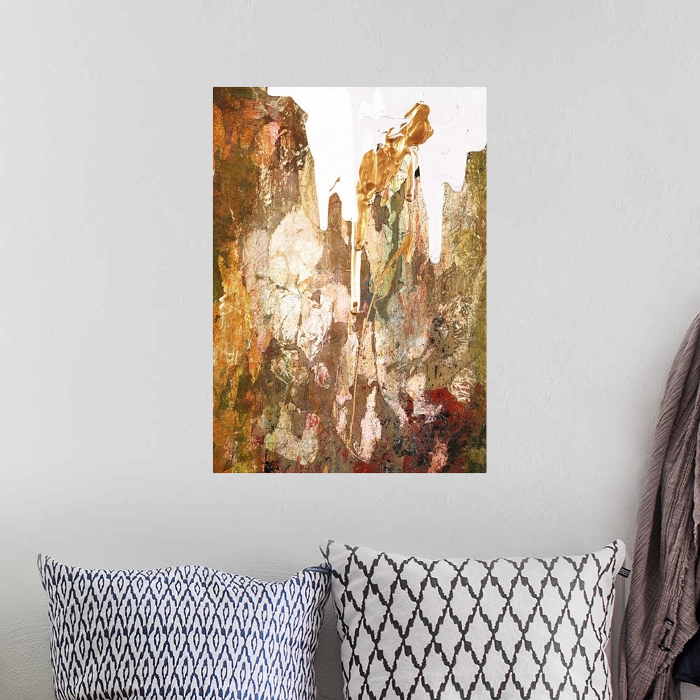 A bohemian room featuring Contemporary abstract artwork in rusty browns and gold with white.