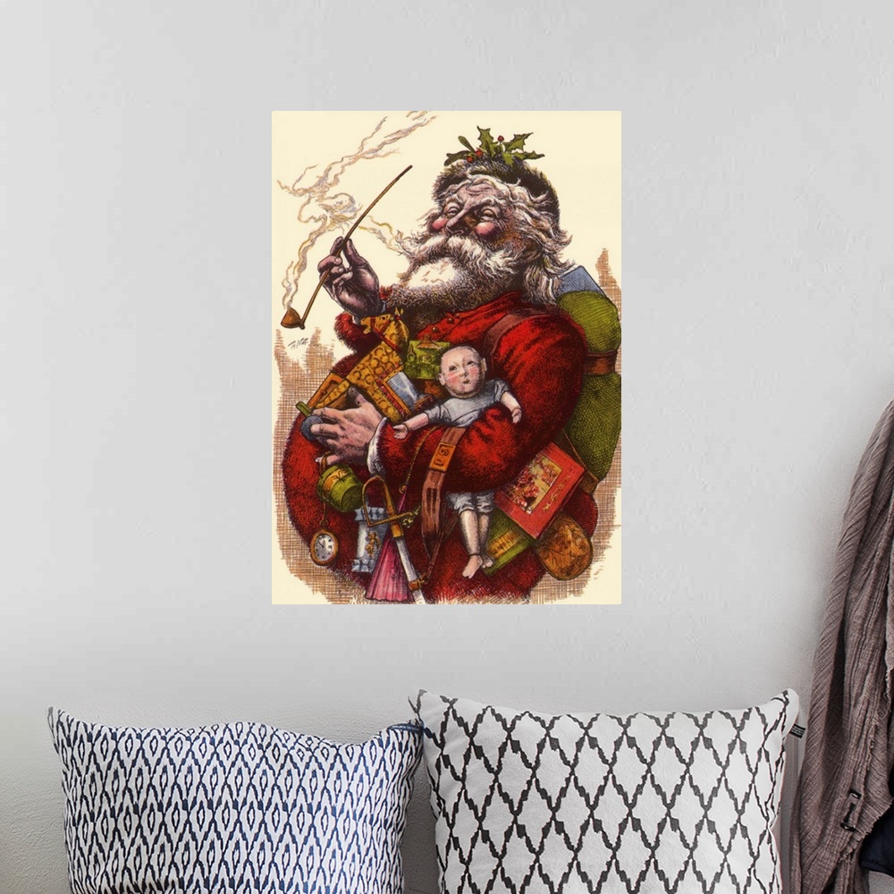 A bohemian room featuring Santa holds Armful of Toys